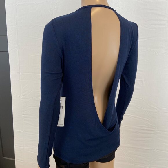 Womens Navy Open-Back Long Sleeve Top S Karma Stretchy Fabric Casual Fit Round - Picture 5 of 12